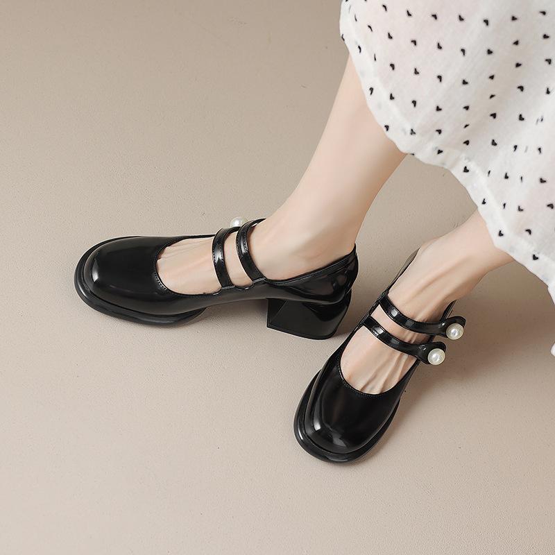 パンプス レディース 太ヒール チャンキー パール ストラップ ラウンドトゥ 大きいサイズ 疲れにくい 歩きやすい 美脚 フォーマル 二次会 結婚式 合成革 ブラック ベージュ 春秋 エレガント 高級感 上品
