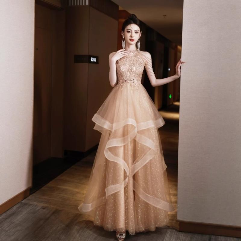 礼服 レディース ロング丈 パーティードレス シャンパン アセテート繊維 ポリエステル 高級感 フレンチ チュール Aライン ハイウエスト Uネック 半袖 グラデーション ヴィンテージ風 成人式 披露宴 演奏会 春夏 6,495円
