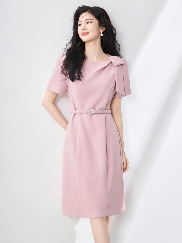ワンピース レディース ドレス リボン お嬢様風 高級感 上品 清楚 エレガント フェミニン 春夏 無地 タイト クルーネック 半袖 ウエストマーク 着痩せ 通勤 パーティー 結婚式 きれいめ ピンク ブラック レッド|フロントップ店
