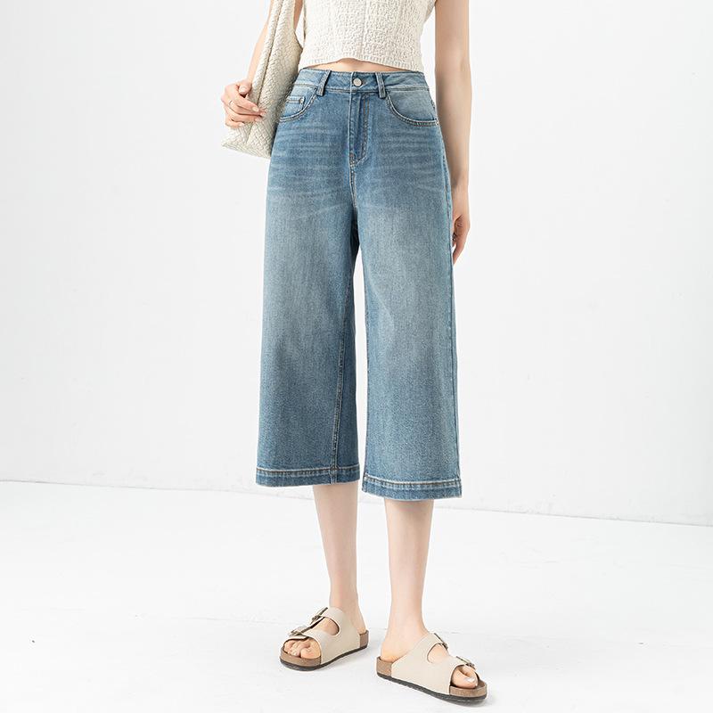 デニムパンツ レディース ジーンズ 七分丈 ハイウエスト ワイドパンツ クロップドパンツ ストレート ゆったり 春夏 カジュアル ブルー 着痩せ 美脚 小柄向け 薄手 ストレッチ 伸縮性 ヴィンテージ風 綿 ポリエステル