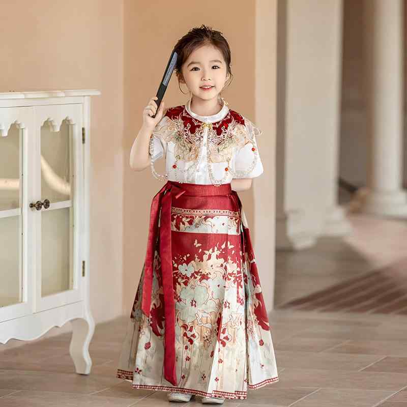 セットアップ 女の子 漢服 子供服 雲肩 チャイナ風 シャツ 半袖 プリーツスカート ロングスカート 春夏 レトロ かわいい 民族衣装 伝統的 ポリエステル 発表会 結婚式 ジュニア 110-160cm 高級感