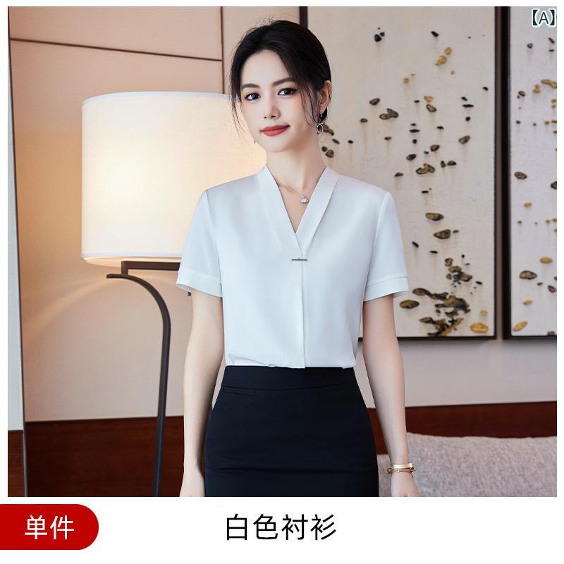 ブラウス レディース 夏 半袖 Vネック シフォン トップス プルオーバー スリム 無地 通勤 オフィス 仕事着 きれいめ 上品 高級感 白 アプリコット ブルー 事務服 涼しい フェミニン 大人 カジュアル 襟なし 清潔感 透けにくい 快適