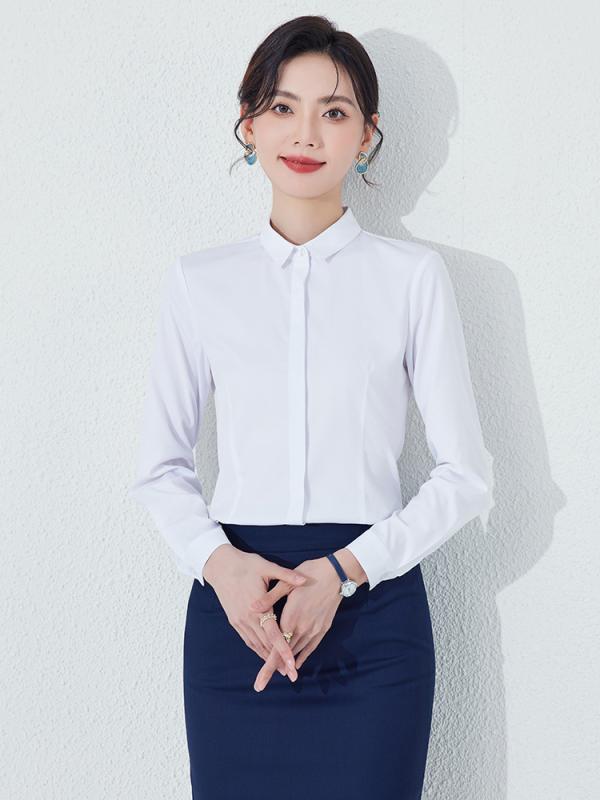 シャツ レディース セットアップ ブラウス トップス 長袖 春秋 オフィス 通勤 事務服 制服 受付 正装 きれいめ 上品 高級感 スリム 襟 ボタン 無地 白 グレーブルー ポリエステル 30代