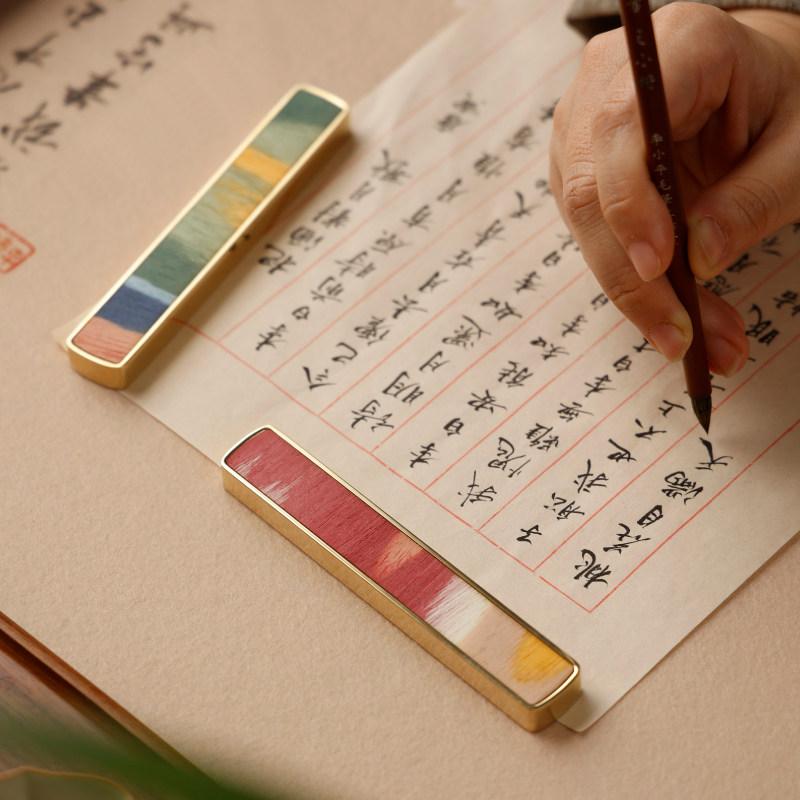 書道 文鎮 ペーパーウェイト 習字 鎮尺 真鍮 合金 スクエア 卓上 置物 書写 オフィス 文房具 ペア 2本セット 重し 木目調 おしゃれ モダン カラフル 光沢 ショート ロング ギフト 箱付き