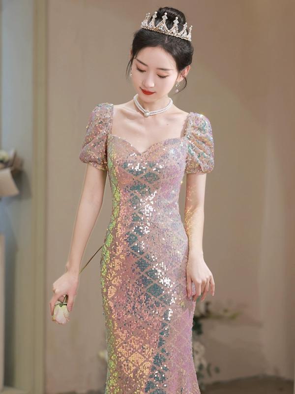 礼服 レディース ロングドレス ワンピース 結婚式 パーティー 披露宴 上品 高級感 マーメイドライン スパンコール スクエアネック Vネック 半袖 ハイウエスト タイト Aライン ヴィンテージ風 グラデーション アセテート繊維 ポリエステル 秋冬
