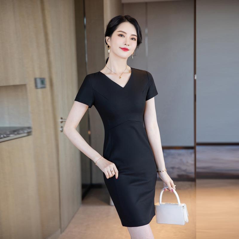 ワンピース レディース ドレス 春夏 半袖 Vネック ミモレ丈 タイトスカート ペンシルスカート ウエストマーク 着痩せ 無地 通勤 オフィス ビジネス 事務服 ブラック ホワイト イエロー ポリエステル 高級感 きれいめ ファスナー 上品
