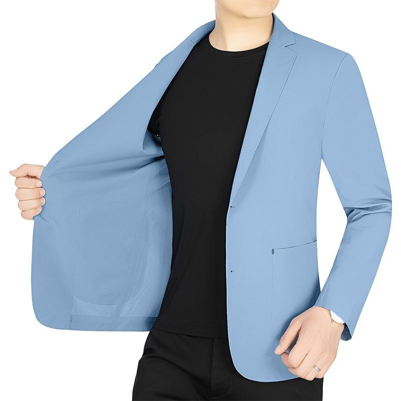 テーラードジャケット メンズ 男性用 紳士服 ビジネス カジュアル 春夏 40代 ストレッチ 伸縮性 ノーアイロン 薄手 軽量 高級感 通勤 ライトブルー ブラウン ライトグレー ボタン シームレス 無地 ブレザー