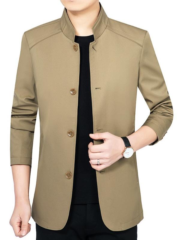 ジャケット メンズ スタンドカラー 立ち襟 ビジネス カジュアル 通勤 オフィス アウター ブルゾン トップス 無地 紳士服 上着 ジャンパー 春夏 通気性 防風 スリム ボタン ジップアップ ポリエステル ネイビー ブラウン 紺|フロントップ店