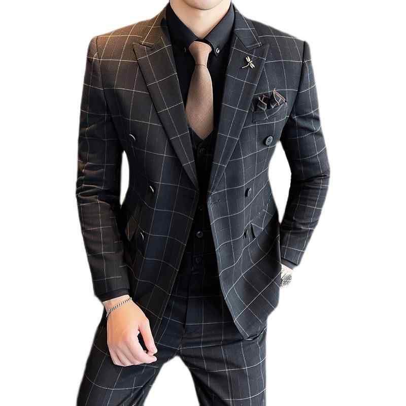 スーツ メンズ 礼服 正装 紳士用 スリムフィット タイト ダブル ボタン チェック 格子柄 結婚式 ビジネス 冠婚葬祭 オールシーズン ポリエステル ノーアイロン ブラック ダークグレー 高級感 シンプル｜フロントップ店