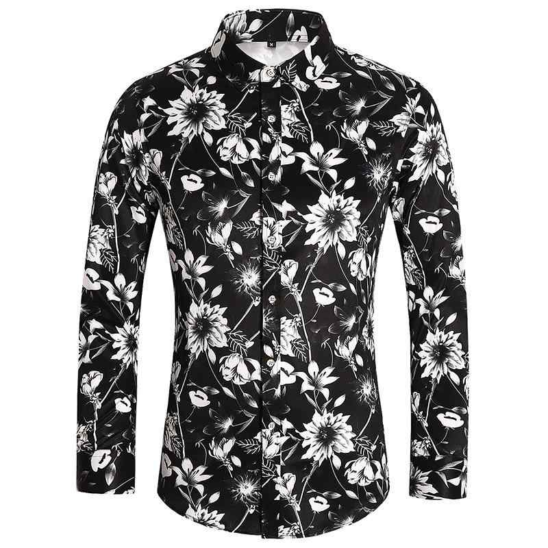 襟シャツ メンズ スリムフィット 長袖 花柄 プリント 大きいサイズ カジュアル トップス ポリエステル 混紡 派手 華やか ボタン 前開き 普段使い 通勤 ストリート オールシーズン ライトブルー 濃紺 ブラック