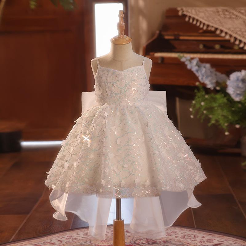 ドレス 女の子 キッズ ピアノ発表会 結婚式 誕生日 バースデー フラワーガール 1歳 ホワイト スパンコール チュール ふんわり プリンセスライン ワンピース ポリエステル 豪華 かわいい フォーマル オールシーズン