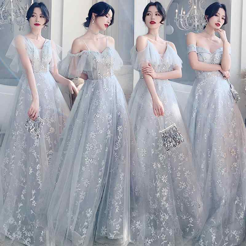 ドレス レディース ブライズメイド ロングドレス 結婚式 披露宴 パーティー グレー ブラウン エレガント フェミニン 上品 大人 きれいめ フォーマル マキシ丈 編み上げ ハイウエスト Aライン チュール シフォン シースルー 体型カバー 春夏