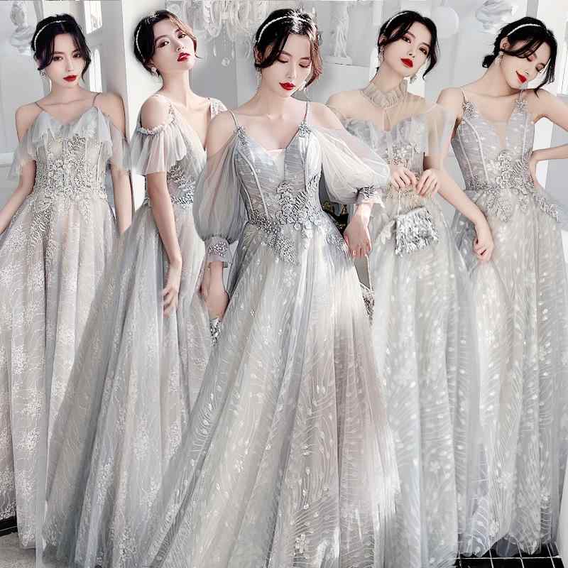 ロングドレス レディース ワンピース ブライズメイド 結婚式 披露宴 二次会 グレー シャンパンピンク ブルー 春夏 エレガント 上品 チュール ポリエステル レースアップ スレンダーライン フォーマル ノースリーブ