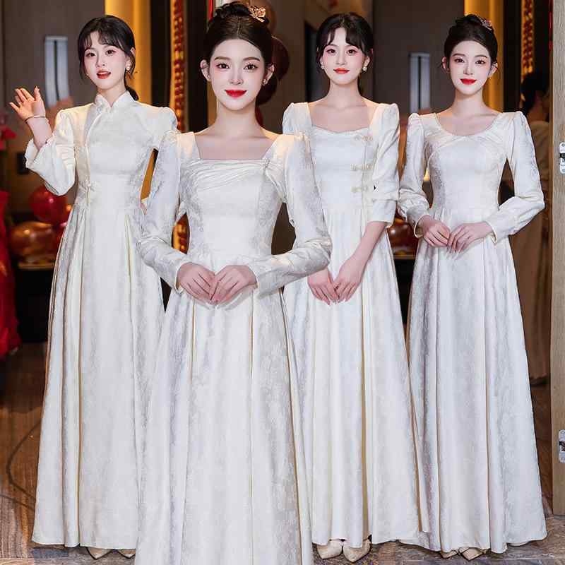 パーティードレス レディース シャンパン チャイナ風 ブライズメイド 結婚式 披露宴 二次会 春夏 高級感 サテン 光沢 ロングワンピース Uネック 長袖 ハイウエスト 美シルエット 斜め襟 フォーマル エレガント