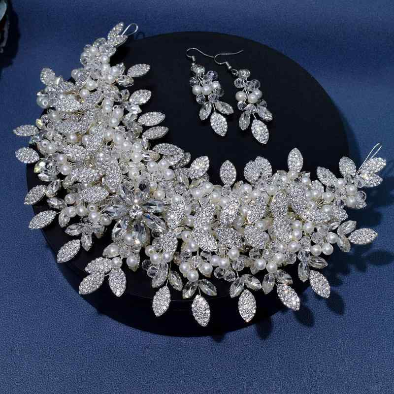 ヘッドドレス レディース ウェディング 結婚式 花嫁 髪飾り カチューシャ ヘアバンド セット ピアス フラワー クリスタル ラインストーン ビジュー ハンドメイド 高級感 上品 華やか お呼ばれ シルバー ゴールド