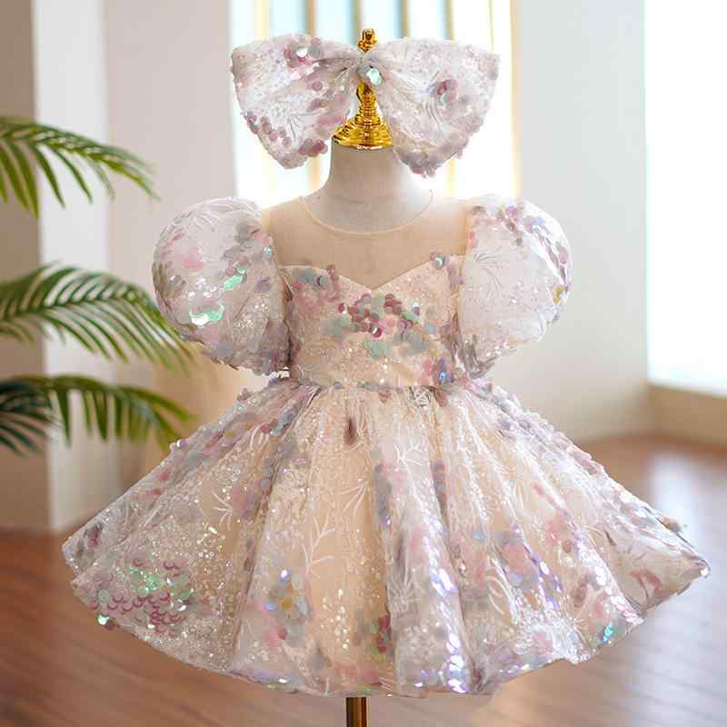 ドレス 女の子 プリンセス ピアノ発表会 結婚式 誕生日 キッズ ワンピース チュチュ チュール 衣装 お姫様 オールシーズン 綿混 ポリエステル シャンパン スパンコール 高級感 かわいい フォーマル 子供服