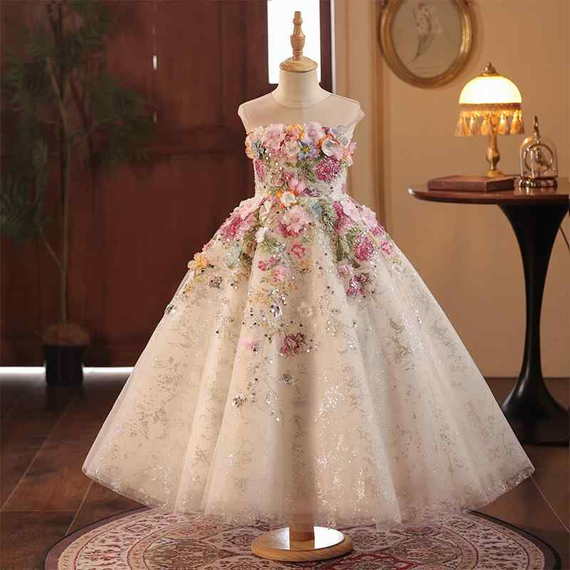ドレス 女の子 発表会 結婚式 パーティー フォーマル プリンセス ピアノ 子供服 レース チュール 花柄 フリル 高級感 森ガール フレンチスタイル ノースリーブ Aライン ロング オールシーズン かわいい|フロントップ店