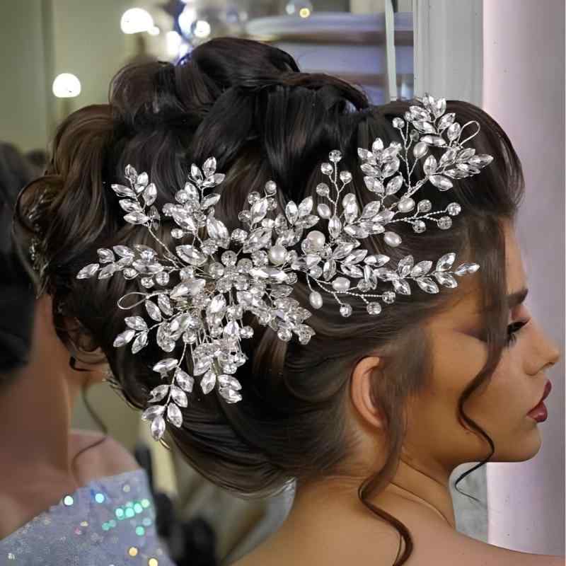 ヘアコーム レディース ヘッドドレス 髪飾り ウエディング ブライダル 結婚式 パーティー フラワー ラインストーン ハンドメイド シルバー 華やか 高級感 オールシーズン アップスタイル フォーマル お呼ばれ サイド