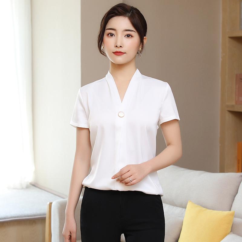 シャツ レディース ブラウス トップス 半袖 シフォン ゆったり 薄手 通勤 オフィス 事務服 無地 プルオーバー 大人 きれいめ 高級感 ポリエステル 春夏 ヴィンテージ風 ホワイト シャンパン ブルー
