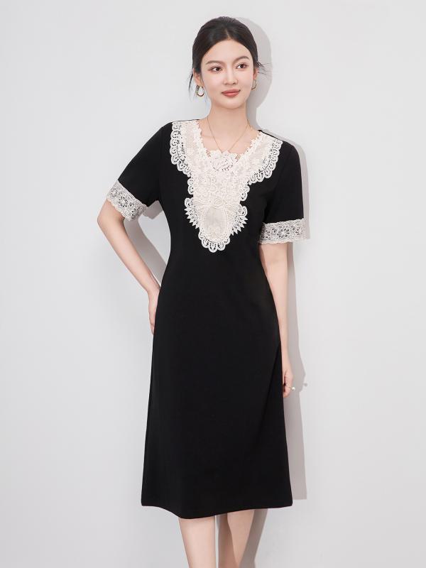 ワンピース レディース 半袖 ニット レース クルーネック ミモレ丈 体型カバー 着痩せ 上品 清楚 お嬢様風 綺麗め フェミニン 伸縮性 ストレッチ 無地 ブラック 春夏 パーティー お呼ばれ 通勤 高級感