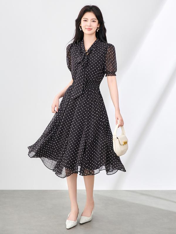 ワンピース ドレス レディース 春夏 フレンチスタイル レトロ ヴィンテージ風 ドット柄 水玉 上品 エレガント シフォン ボウタイ Aライン ミディ丈 半袖 ハイウエスト 通勤 オフィス 大人 30代 高級感|フロントップ店