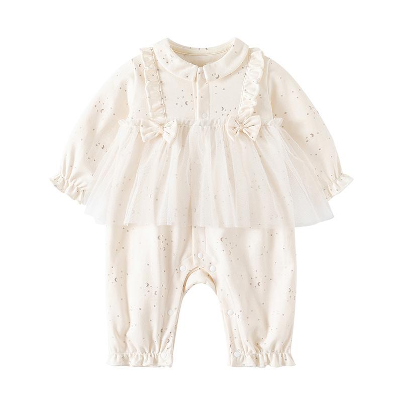 ロンパース 女の子 ベビー服 赤ちゃん 長袖 カバーオール オールシーズン 綿 コットン 星柄 月柄 プリンセス かわいい おしゃれ 出産祝い お出かけ 普段使い 柔らかい クリーム アイボリー ボタン 前開き 幼児