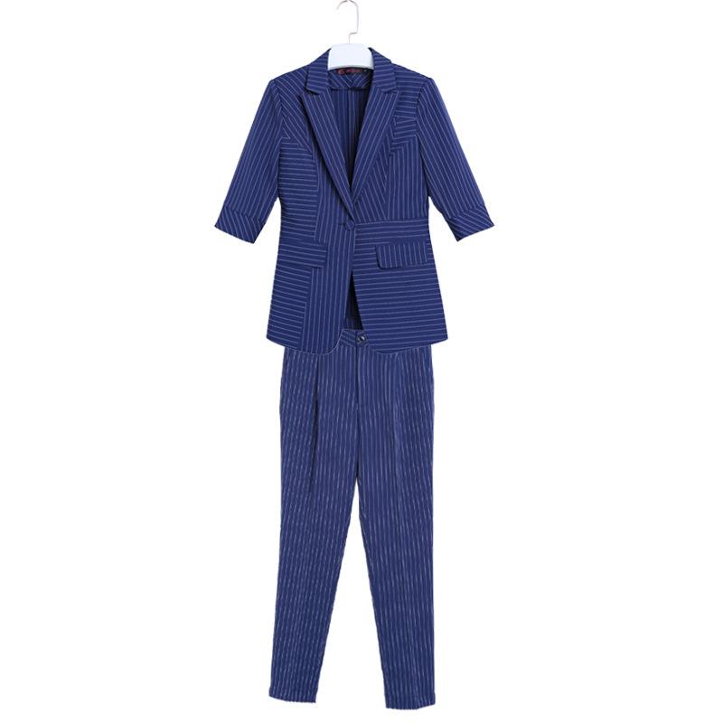 パンツスーツ レディース セットアップ 五分袖 春夏 ストライプ テーラードジャケット 通勤 オフィス 事務服 上品 エレガント スリム 着痩せ 韓国スタイル ブラック ブルー ポリエステル 大きいサイズ S-4XL