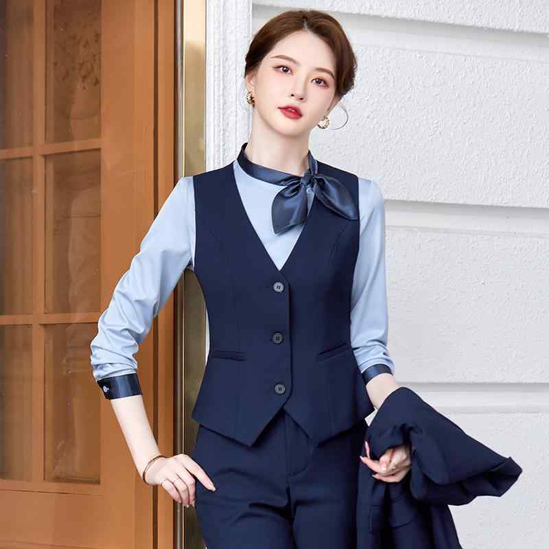 セットアップ レディース 事務服 接客 オフィス ベスト パンツスーツ ロングパンツ 長袖シャツ ワークウェア 制服 ビジネス 通勤 フォーマル スタイリッシュ 高級感 上下セット 営業 銀行員 スタッフ ポリエステル ビスコース ブルー ブラック グレ