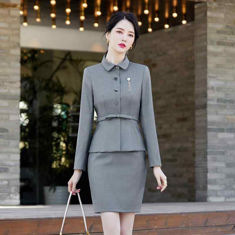 セットアップ レディース スーツ 事務服 ユニフォーム 美容院 エステ 通勤 春秋 高級感 上品 エレガント 無地 襟 ボタン ベルト ポリエステル グレー ブルー ブラック ジャケット パンツ スカート