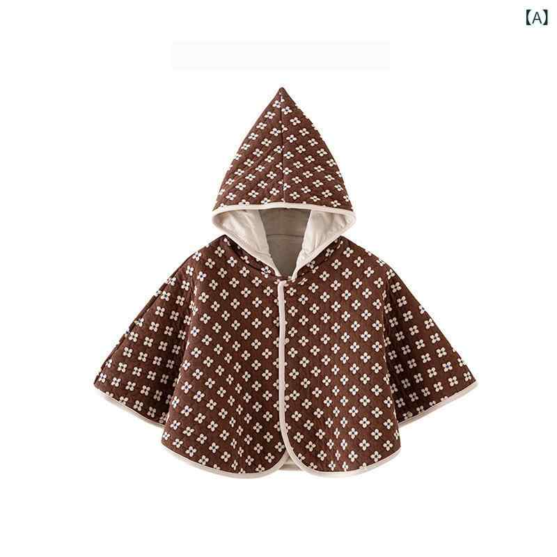 ポンチョ ベビー 男の子 女の子 秋冬 フード ケープ マント アウター 防寒 保温 防風 柔らかい 中綿入り 花柄 ダークブラウン 韓国 かわいい お出かけ ショート丈 子供服 0-4歳 綿混 ボタン 羽織り