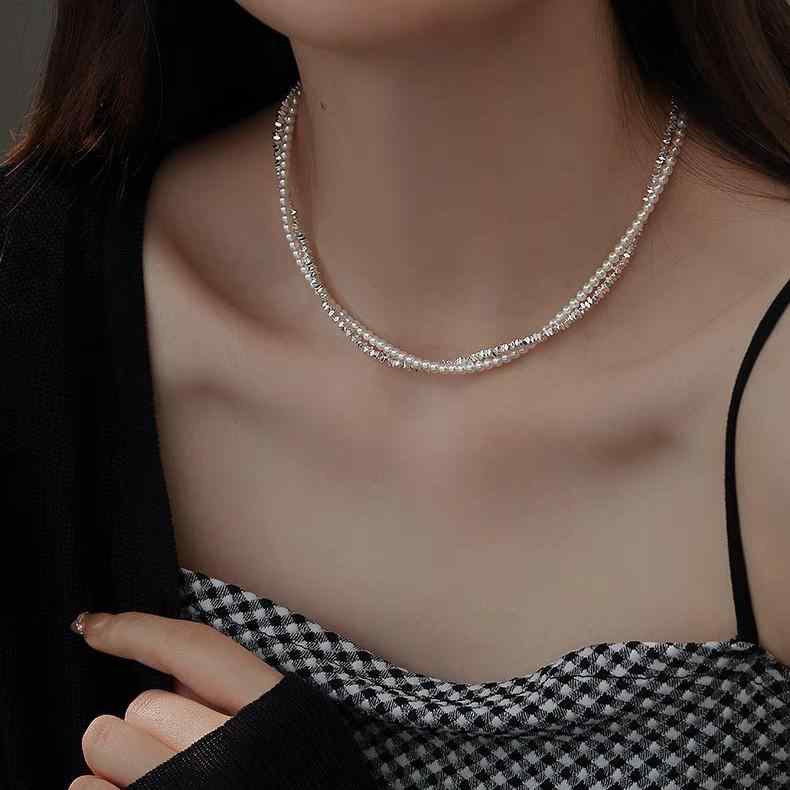 ネックレス レディース 2連 レイヤード 重ね付け パール フェイクパール 模造パール シルバー ハンドメイド 高級感 上品 エレガント 鎖骨ネックレス チョーカー アクセサリー ジュエリー 普段使い 通勤 結婚式 パーティー 春夏 ホワイト グレー