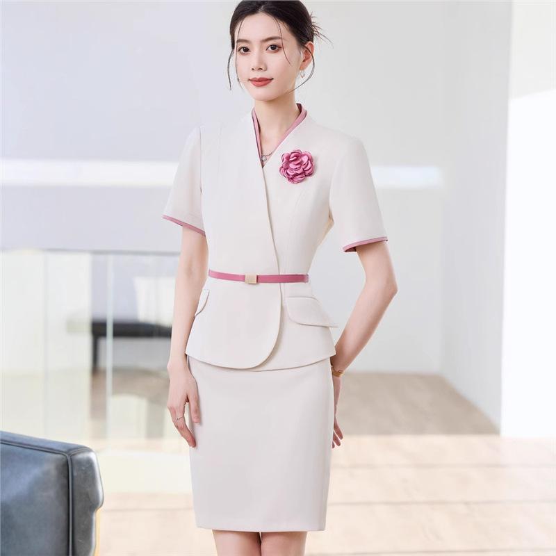 スーツ レディース セットアップ テーラードジャケット 半袖 スカート パンツ ビジネス 事務服 接客 高級感 上品 スリム 美シルエット シワになりにくい 春秋 シェニール ボタン ベージュ ネイビー
