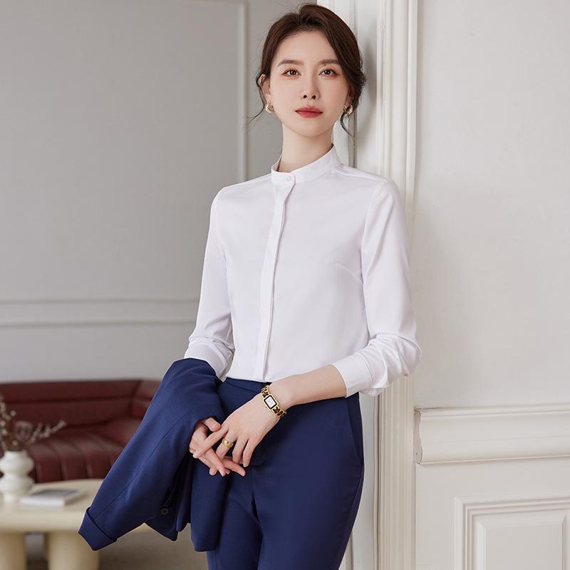 シャツ レディース ブラウス トップス 長袖 シフォン 秋冬 オフィス 通勤 事務服 きれいめ 上品 高級感 スタンドカラー ボタン スリム 無地 ポリエステル 白 ライトグリーン 紺 セットアップ
