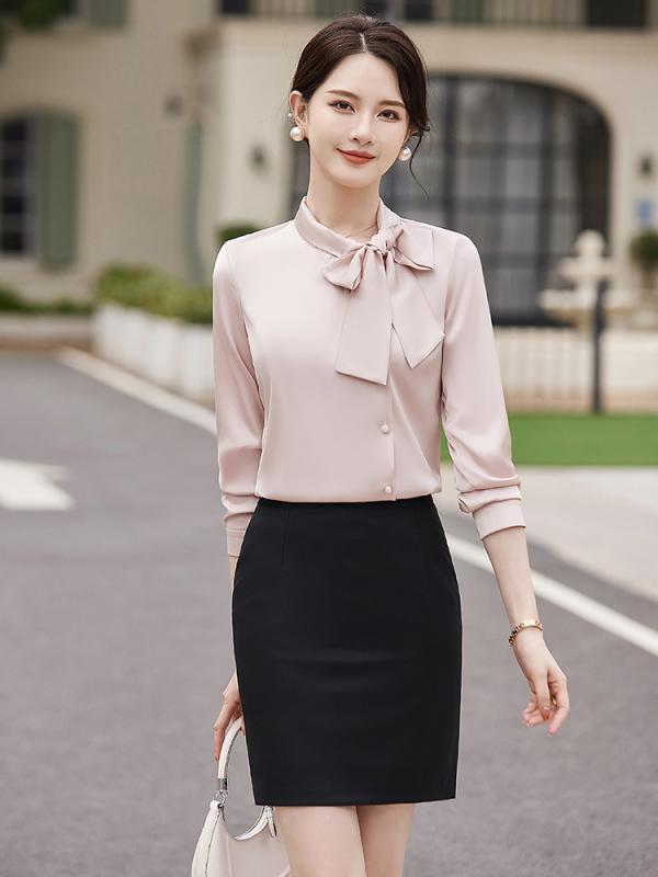 シャツ レディース 女性用 長袖 ブラウス シフォン トップス 高級感 きれいめ 春秋 リボン ボウタイ レトロ 無地 通勤 オフィスカジュアル フォーマル 前開き ボタン スリム ポリエステル ホワイト ピンク グレー