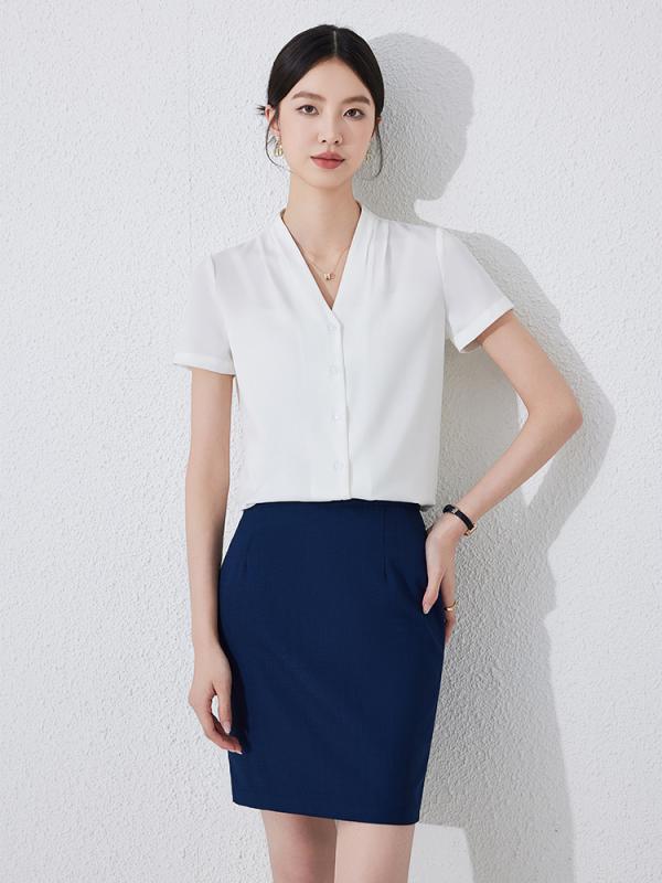 セットアップ レディース シャツ ブラウス 半袖 スカート シフォン Vネック 通勤 オフィス 事務服 春夏 白 黒 ブルー系 スリム ボタン 無地 上下セット きれいめ 上品 ポリエステル 2点セット