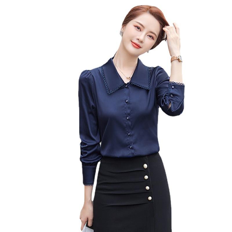 シャツ レディース ブラウス トップス 長袖 春秋 オフィス 通勤 ビジネス 事務服 きれいめ カジュアル 無地 シフォン 襟 ボタン スリム インナー ポリエステル 透け感 ホワイト ブルー