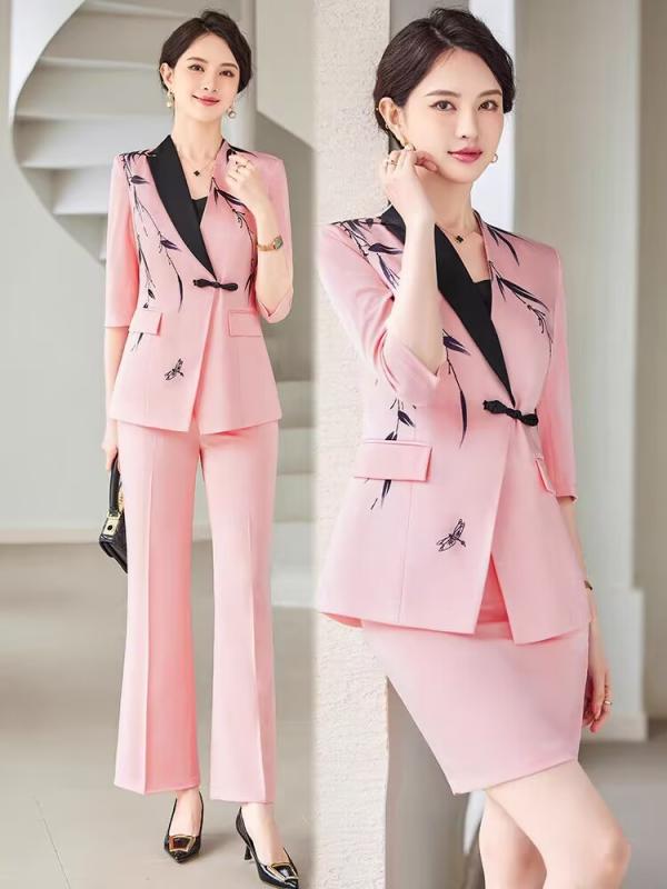 セットアップ レディース スーツ 春夏 七分袖 テーラードジャケット フォーマル オフィス 事務服 通勤 ビジネス カジュアル 上品 エレガント ポリエステル ピンク ホワイト スカート ワイドパンツ