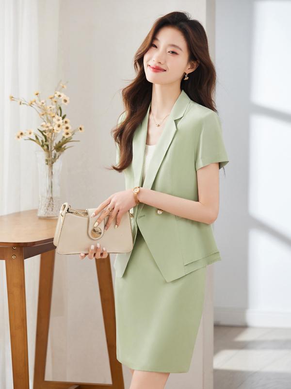 セットアップ レディース 春夏 半袖 テーラードジャケット ひざ丈スカート パンツ スーツ 事務服 通勤 受付 上品 エレガント スリム タイト 無地 グリーン カーキ ポリエステル 洗える きれいめ ボタン