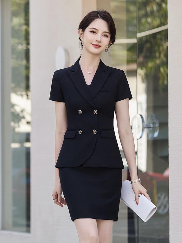 セットアップ レディース 女性用 春夏 半袖 スーツ ジャケット スカート 通勤 事務服 接客 エレガント 高級感 ポリエステル レーヨン 膝丈 無地 ブルー ブラック グレー