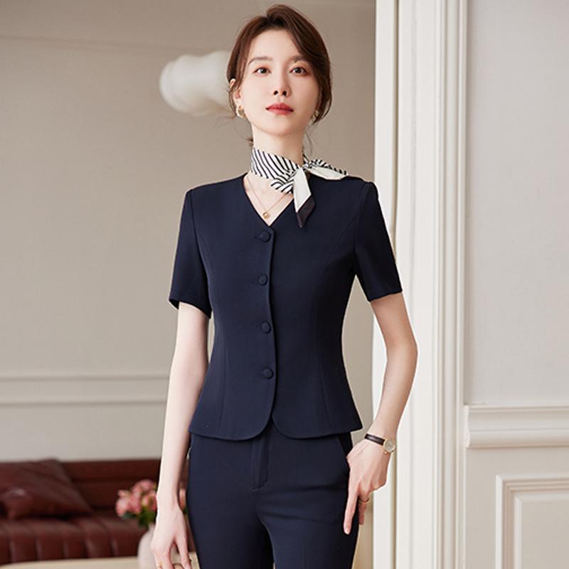 スーツ レディース 春夏 半袖 セットアップ ジャケット スカート パンツ 上下セット 事務服 接客 オフィス 制服 仕事着 宝石店 美容院 伸縮性 ストレッチ ポリエステル 涼しい 高級感 エレガント 無地 ブラック ネイビー ブラウン