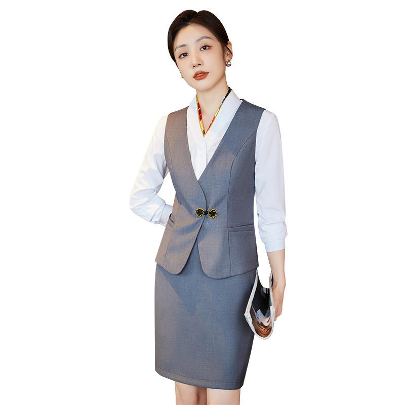 セットアップ レディース 制服 ベスト ブラウス ホテル フロント 受付 接客 宝石店 美容院 秋冬 通勤 OL オフィス ユニフォーム 高級感 タイトスカート 長袖 ストレッチ ポリエステル ブルー グレー ホワイト