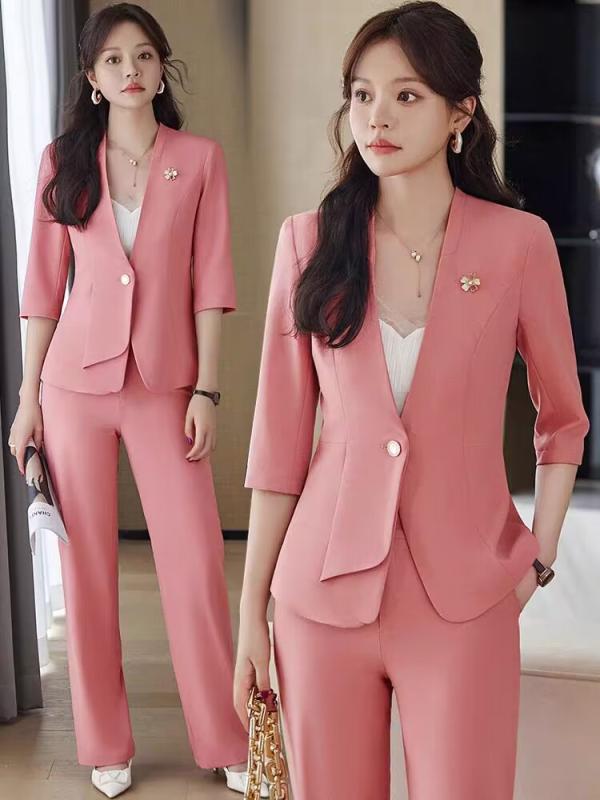 セットアップ レディース スーツ ジャケット ワイドパンツ 通勤 制服 ユニフォーム ノーカラー 七分袖 伸縮性 ストレッチ きれいめ 上品 高級感 受付 エステ ポリエステル ピンク アプリコット ブラック 春夏 大きいサイズ