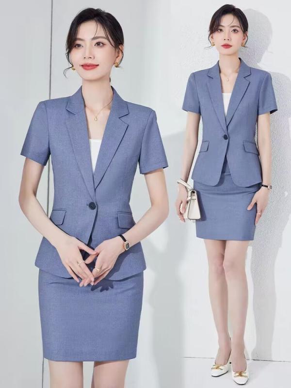 スーツ レディース セットアップ 春夏 半袖 ジャケット タイトスカート スカートスーツ 上下セット 事務服 制服 オフィス 通勤 接客 高級感 上品 エレガント フォーマル ビジネス ポリエステル グレー ブラック ネイビー