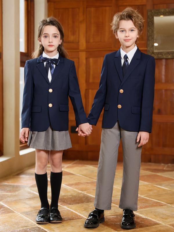 制服 キッズ ジュニア 男の子 女の子 スーツ 4点セット ブリティッシュ 英国 トラッド フォーマル ジャケット パンツ スカート 高級感 発表会 入学 卒業 ボタン ポリエステル 混紡 秋冬 柔らかい素材