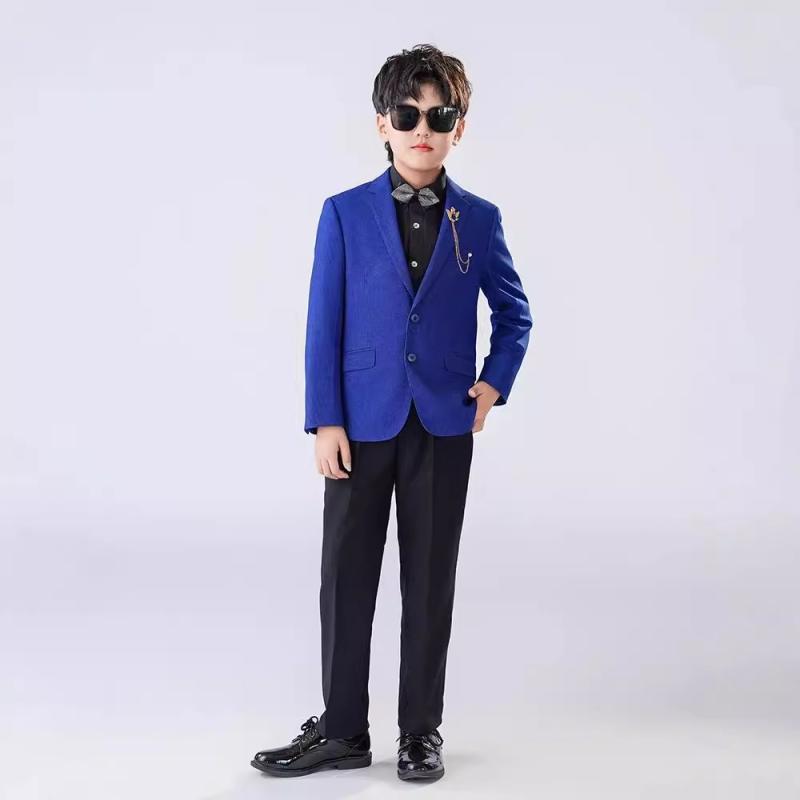 スーツ キッズ 男の子 セットアップ フォーマル 英国風 ネイビー ブルー ジャケット パンツ シャツ 蝶ネクタイ 3点セット 結婚式 発表会 七五三 演出服 正装 小学生 高級感 ボタン ポリエステル オールシーズン