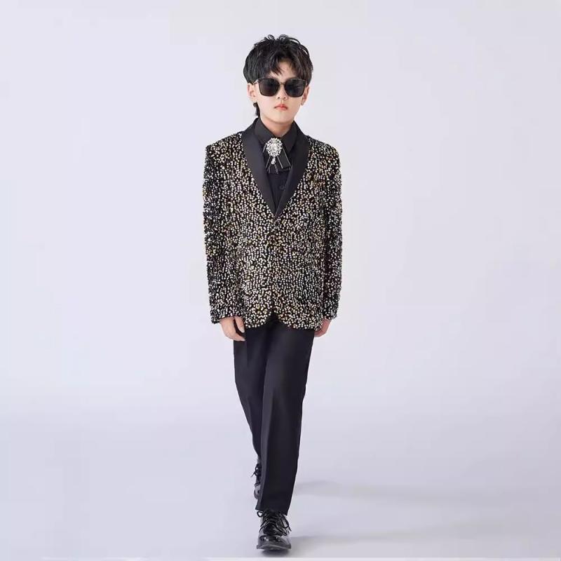 スーツ 男の子 キッズ ジュニア セットアップ フォーマル 礼服 上下セット ジャケット パンツ 発表会 結婚式 演奏会 高級感 スパンコール キラキラ 華やか 英国風 ブリティッシュスタイル オールシーズン 黒 黄