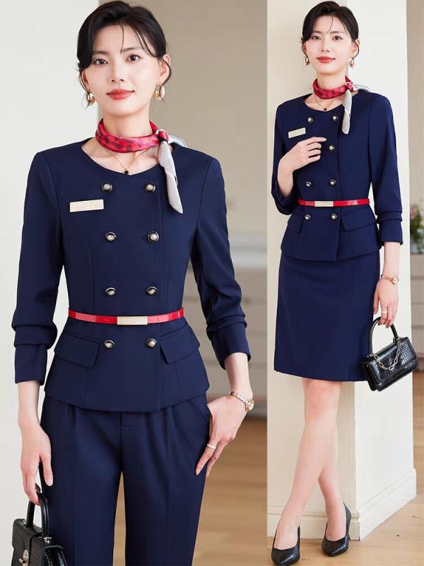 セットアップ レディース スーツ 事務服 通勤 制服 長袖 ジャケット パンツ スカート ホテル 受付 接客 エレガント オフィス 上下セット ポリエステル ビスコース 秋冬 レッド ブルー グレー 高級感 フォーマル