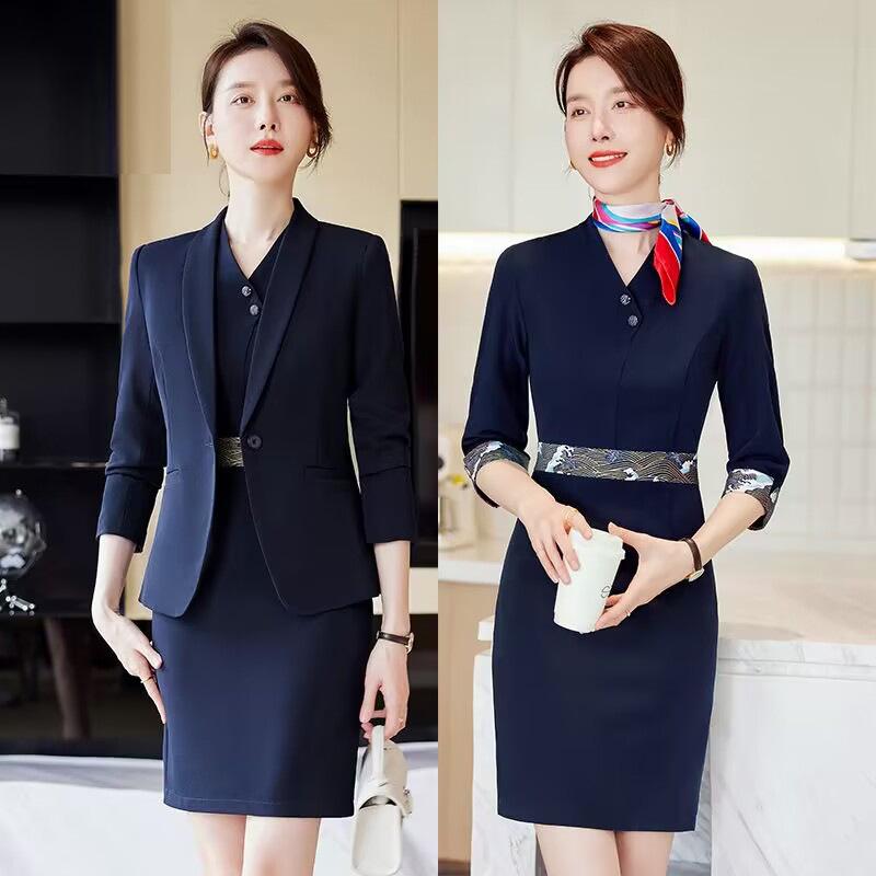 セットアップ レディース 秋冬 ジャケット ワンピース 事務服 ホテル 美容院 フォーマル きれいめ 上品 エレガント ポリエステル ストレッチ 快適 無地 長袖 紺 赤 高級感 スリム ミディアム丈 大きいサイズ
