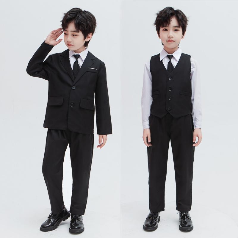 スーツ 男の子 セットアップ 上下セット フォーマル 礼服 英国風 ジャケット パンツ ベスト シャツ ピアノ 発表会 結婚式 春秋 ポリエステル 無地 ボタン ブルー ブラック 高級感 かっこいい おしゃれ かわいい