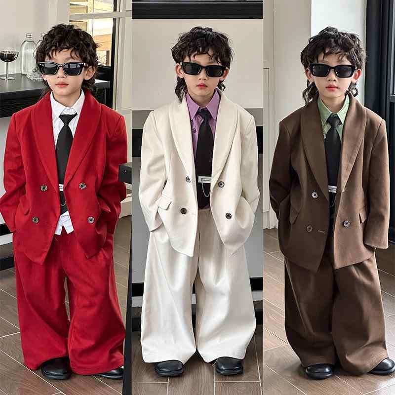 スーツ キッズ 男の子 セットアップ 上下 ジャケット パンツ ウール調 裏起毛 長袖 ボタン 無地 結婚式 発表会 七五三 フォーマル セレモニー 秋冬 高級感 かわいい レッド コーヒー ベージュ 礼服 正装 かっこいい